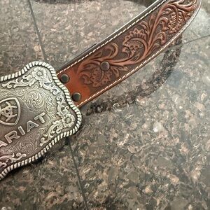 Ariat Brown Tooled Leather Western Belt with Ornate Silver Buckle